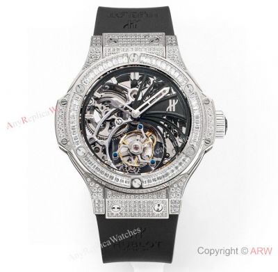 Swiss Super Clone Hublot Tourbillon Big Bang Pave Diamond Stainless Steel Watch 44 mm